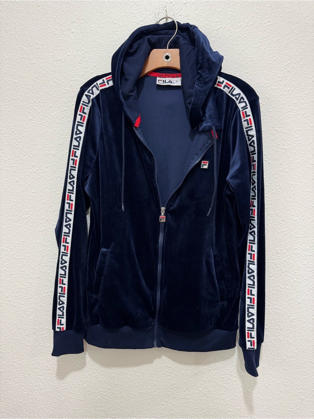 FILA Navy Velour Zip-Up Hoodie with Branded Sleeve Taping
